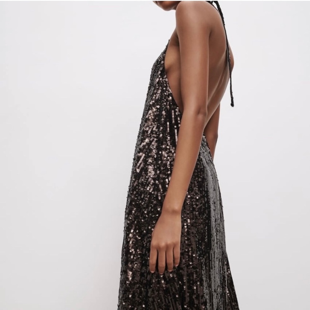Zara Chocolate Brown Sequin Halter Maxi Dress - Picture 3 of 6